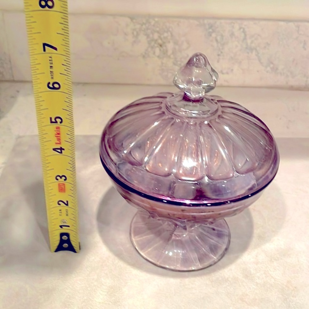 Antique Carnival Glass Covered Candy Jar Clear Amethyst Iridescent Signed Heisey - Picture 8 of 9